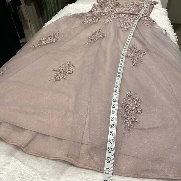 NEW MGNY by Mori Lee Beaded Lace Illusion Neck A-Line Maxi Dress Gown in Dusty L - Picture 6 of 12